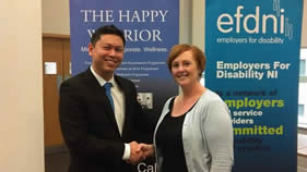 Jason Gonzalez from The Happy Warrior and Gabrielle Fitzpatrick, Employers for Disability NI, at the Mindfulness Taster Workshop, hosted by our Lead Partner, BT.